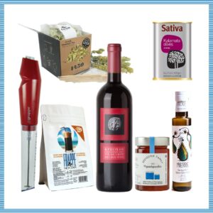 Griekse genieten lekker pakket Grieks met rode wijn en rode frappemixer en flesje MiTerra